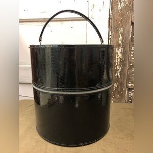Vintage Italy Black Patent Leather Wig Hat Box Handle Travel Case Luggage 13”
